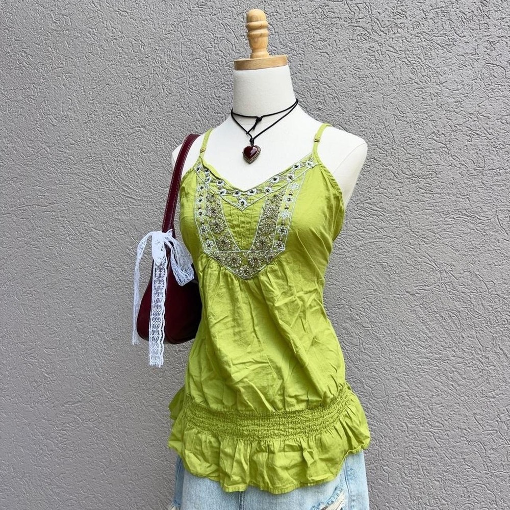 Vintage Y2K Apt 9 Lime Green Beaded Tank Top Size Large Boho Festival - Picture 2 of 8